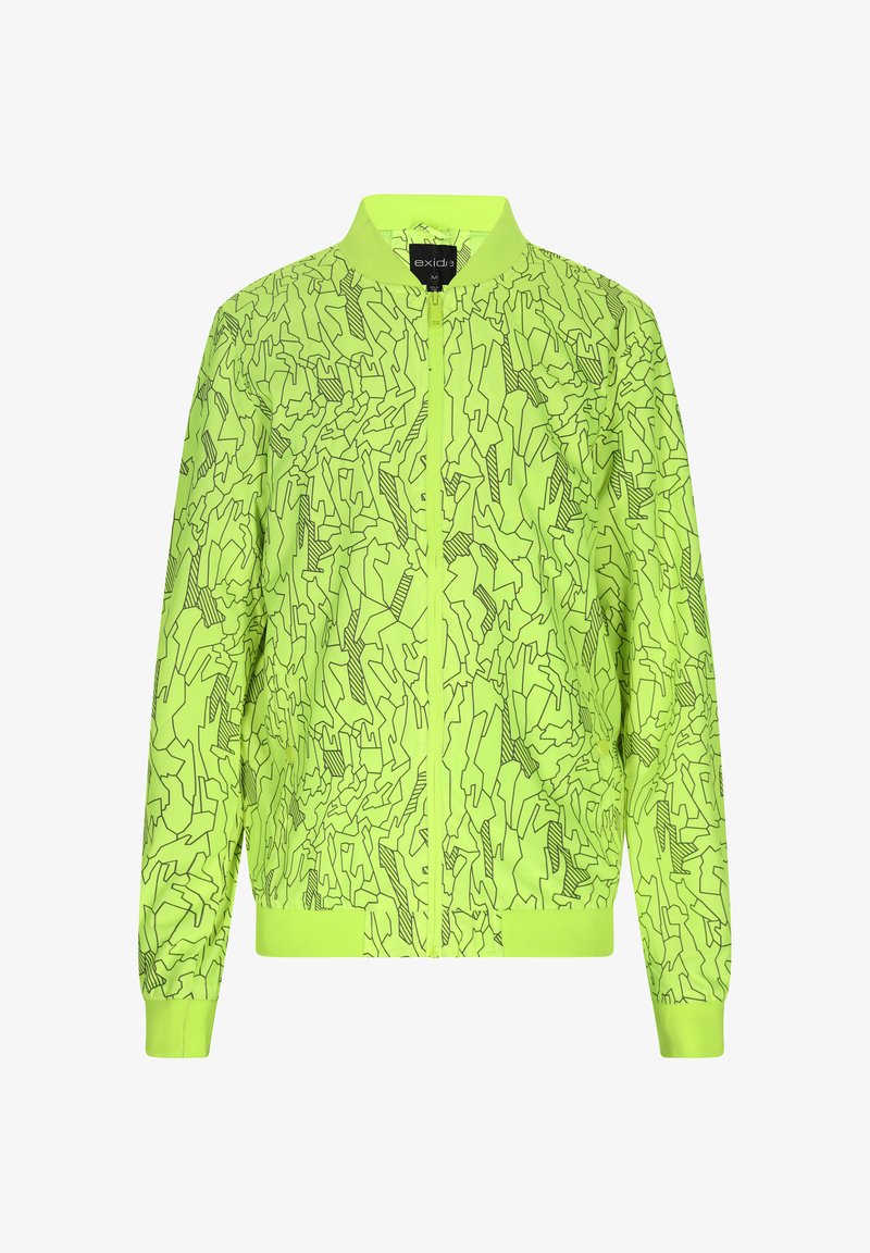 Neon groene bomberjack met een geometrisch zwart patroon, ritssluiting aan de voorkant, staande kraag en elastische manchetten en zoom.