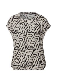 Top a maniche corte in beige chiaro con un audace motivo astratto nero. Vestibilità rilassata con scollatura tonda e orlo inferiore arricciato. Tessuto morbido.