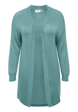 Cardigan turquoise, en tissu tricot léger, design à ouverture devant, manches longues, accents côtelés aux poignets et à l'ourlet, coupe décontractée, texture lisse.