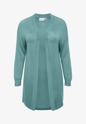 Cardigan turcoaz, material tricotat ușor, design cu fața deschisă, mâneci lungi, accente ribbate la manșete și la tiv, croială relaxată, textură netedă.