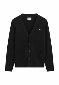 Schwarze Strickjacke aus weichem Stoff, mit V-Ausschnitt, Knopfverschluss, zwei vorderen Taschen und einem kleinen Logo auf der oberen linken Seite.