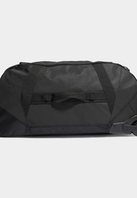 Borsa a rotoli nera realizzata in tessuto durevole, dotata di manico superiore, base con ruote e pannelli laterali texturizzati per maggiore stabilità.