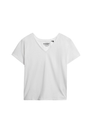 Hvid kortærmet V-hals T-shirt med en afslappet pasform og subtilt brandtekst indeni kraveområdet.