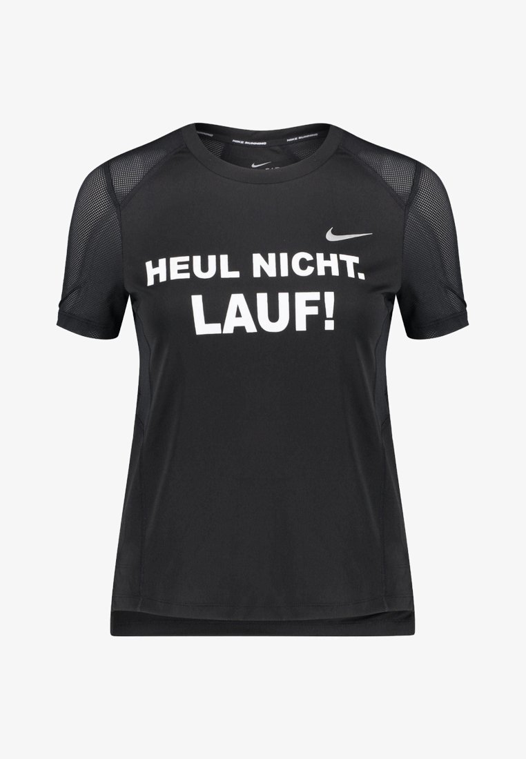 Black athletic t-shirt with short sleeves, featuring mesh accents. "HEUL NICHT. LAUF!" printed in bold white text on the front. Nike logo displayed.