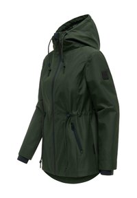 Dunkelgrüne Damenkapuzenjacke mit Frontreißverschluss, verstellbarem Taillen- und Kapuzenkordelzug, seitlichen Reißverschlusstaschen und gerippten inneren Bündchen.