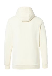 Sudadera con capucha de color crema, de manga larga, con una textura suave, puños y dobladillo acanalados, y una vista trasera que muestra la capucha y las costuras.