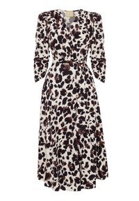 Sukienka w leopardzi wzór o kroju kopertowym, z długimi rękawami, wiązaniem w talii i rozkloszowanym dołem, w kolorach kremowym, czarnym i rdzawym.