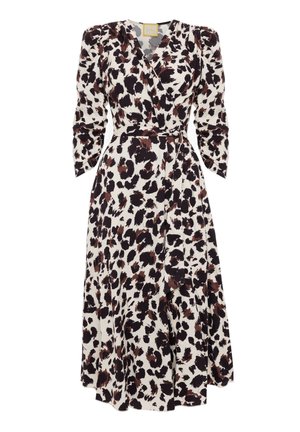 Sukienka w leopardzi wzór o kroju kopertowym, z długimi rękawami, wiązaniem w talii i rozkloszowanym dołem, w kolorach kremowym, czarnym i rdzawym.