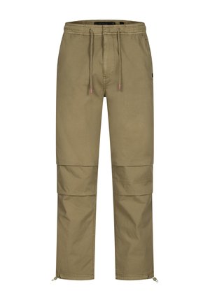 Cargo-broeken gemaakt van lichtgewicht stof, in olijfgroen, met een elastische tailleband met drawstrings en ritsen aan de broekspijpen.