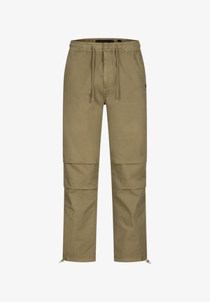 Cargo-broeken gemaakt van lichtgewicht stof, in olijfgroen, met een elastische tailleband met drawstrings en ritsen aan de broekspijpen.