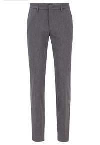 Szare spodnie o fakturze z prostym krojem, wyposażone w zamek błyskawiczny, szlufki na pasek oraz subtelne kontrastujące przeszycia.