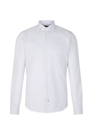 Weißes Langarmshirt mit hellblauen vertikalen Streifen, einem Button-Down-Kragen und Manschetten im passenden Streifenmuster.