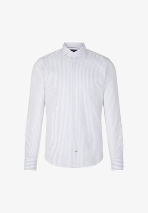 Biała koszula z długim rękawem z jasnoniebieskimi pionowymi paskami, z kołnierzykiem na guziki oraz mankietami w dopasowanym wzorze pasków.