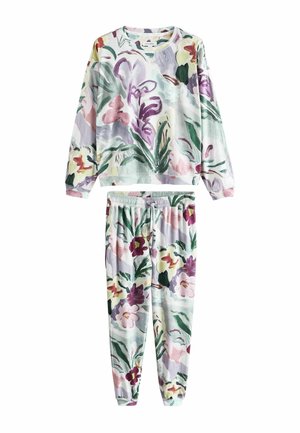 Bluza z długim rękawem i spodnie dresowe z elastyczną talią z abstrakcyjnym kwiatowym nadrukiem w pastelowej zieleni, fioletach, różu i bieli.