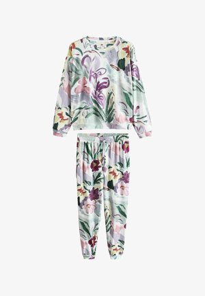 Sweater met lange mouwen en joggingbroek met elastische tailleband met abstract bloemenprint in pastelgroen, paars, roze en wit.