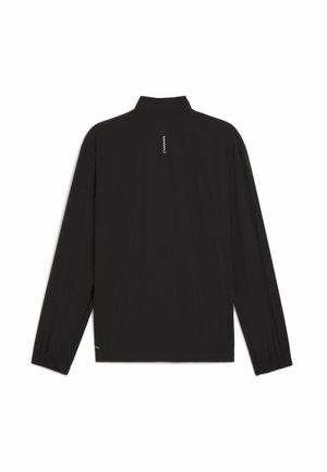 Zwarte lange mouwen jack met een opstaande kraag, afgewerkt met elastische manchetten, een rechte zoom en een verticale witte logo-detail op de rug.