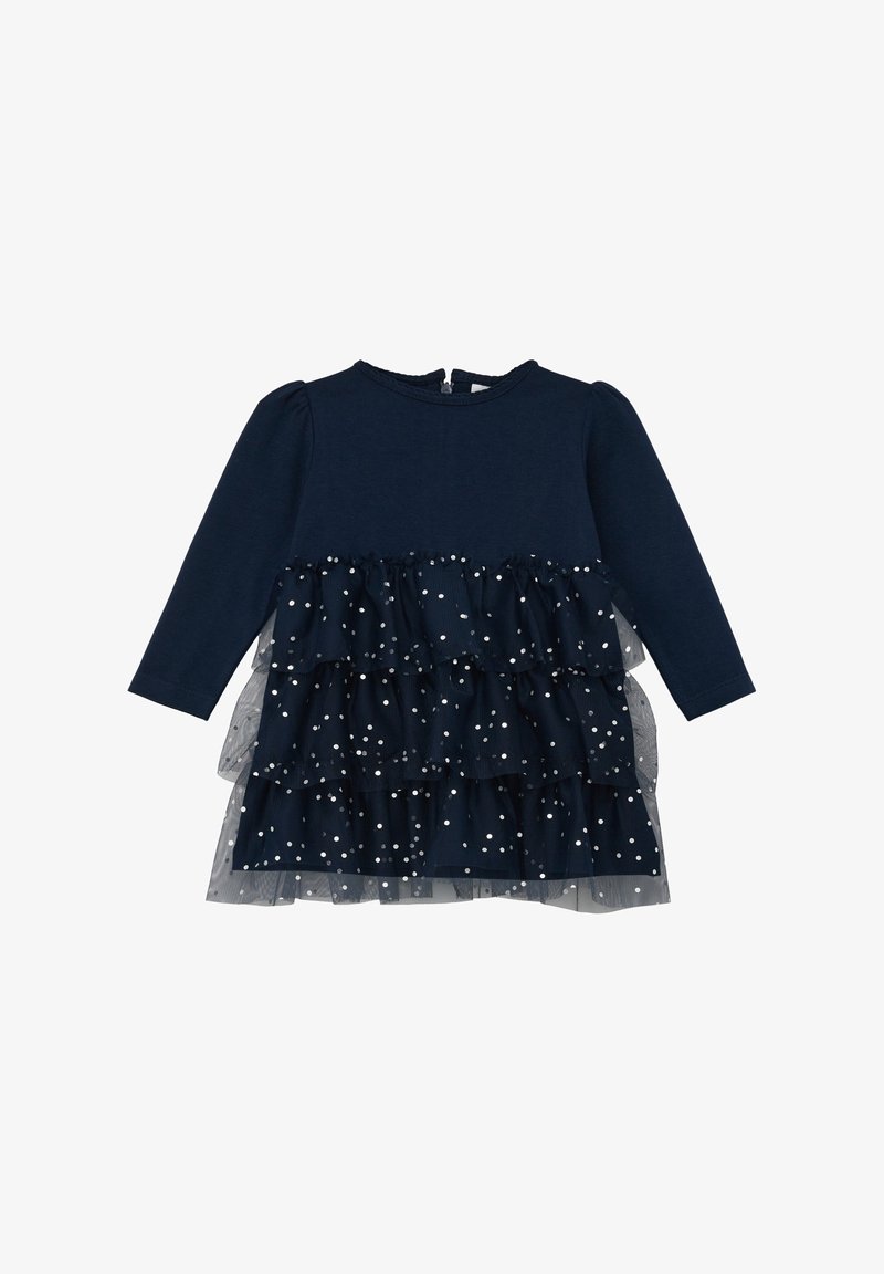 Robe pour tout-petit à manches longues bleu marine avec jupe en tulle à volants ornée de petits pois blancs et fermeture à boutons dans le dos.