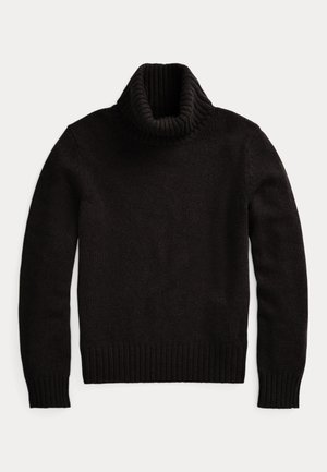Maglione a collo alto di colore nero realizzato in tessuto lavorato a maglia. Presenta un collo alto a coste e polsini e orlo a coste per una vestibilità aderente.