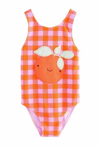 Einteiliger Badeanzug mit einer orange- und grünfarbigen Blätterapplikation auf einem orange- und rosa-karierter Muster. Hergestellt aus strukturiertem Stoff mit einem runden Rückenausschnitt.