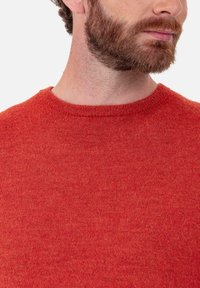 Pull rouge en maille avec un col rond, une texture lisse et de subtiles variations de teinte, présentant une coupe ajustée.