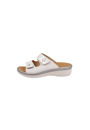 Sandalo bianco open-toe con due cinturini regolabili, soletta imbottita color marrone chiaro e suola a zeppa bassa e grigia.