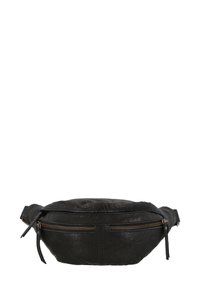 Czarna skórzana nerka o okrągłym kształcie, z teksturowaną powierzchnią, podwójną przednią kieszenią na zamek oraz regulowanym paskiem.