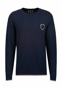 Dunkelblauer, gestrickter Pullover mit Rundhalsausschnitt, Rippbündchen und -saum, auf der Brust mit einem Wappenlogo in Rot-, Grün- und Weißakzenten.