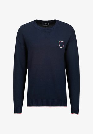 Dunkelblauer, gestrickter Pullover mit Rundhalsausschnitt, Rippbündchen und -saum, auf der Brust mit einem Wappenlogo in Rot-, Grün- und Weißakzenten.