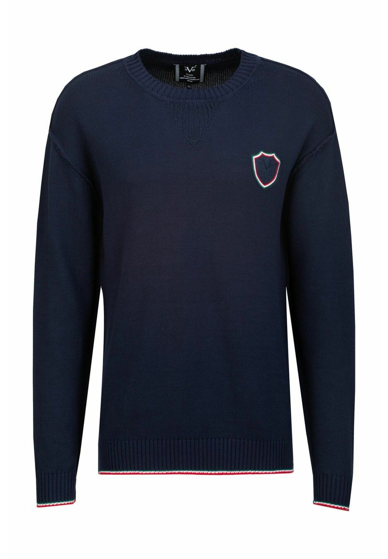 Dunkelblauer, gestrickter Pullover mit Rundhalsausschnitt, Rippbündchen und -saum, auf der Brust mit einem Wappenlogo in Rot-, Grün- und Weißakzenten.