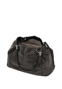 Sac noir avec des clous argentés scintillants, une texture douce, des poignées solides et un intérieur spacieux. Dispose d'une fermeture à serrage supérieure et d'une doublure à motifs.