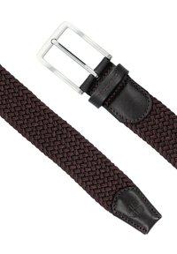 Woven brązowy pasek materiałowy z metalową klamrą w kolorze srebrnym, z akcentami skórzanymi i spiczastym końcem. Teksturowany i trwały design.