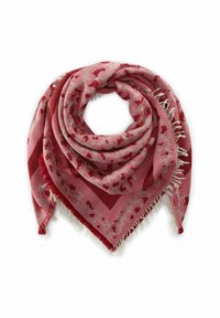Rood en roze gestreepte sjaal in een driehoekige vorm met franjes, voorzien van bloemmotieven en een gestructureerde weefsel.