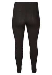 Leggings noirs en matériau lisse et extensible. Dotés d'une taille haute et d'un design de jambe fuselée, offrant une silhouette ajustée.