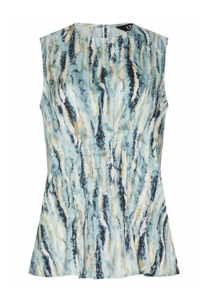 Blusa sin mangas ajustada con rayas verticales en acuarela azul, blanco, beige y negro, y cierre de cremallera en la parte trasera.