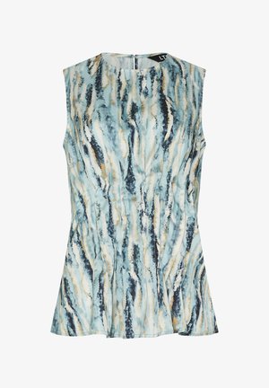 Blouse sans manches ajustée avec des rayures verticales aquarellées bleu, blanc, beige et noir, et une fermeture éclair au dos.