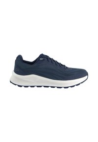Marineblaue Laufschuhe mit einem Obermaterial aus Mesh, strukturierten Details, weißer Zwischensohle und strapazierfähiger Gummisohle. Sie verfügen über ein Schnürdesign.