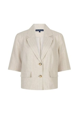Beige cropped blazer met korte mouwen, ingestikte revers, subtiele krijtstrepen, twee knopen aan de voorkant en klepzakken.