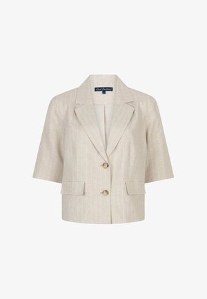 Beige cropped blazer met korte mouwen, ingestikte revers, subtiele krijtstrepen, twee knopen aan de voorkant en klepzakken.