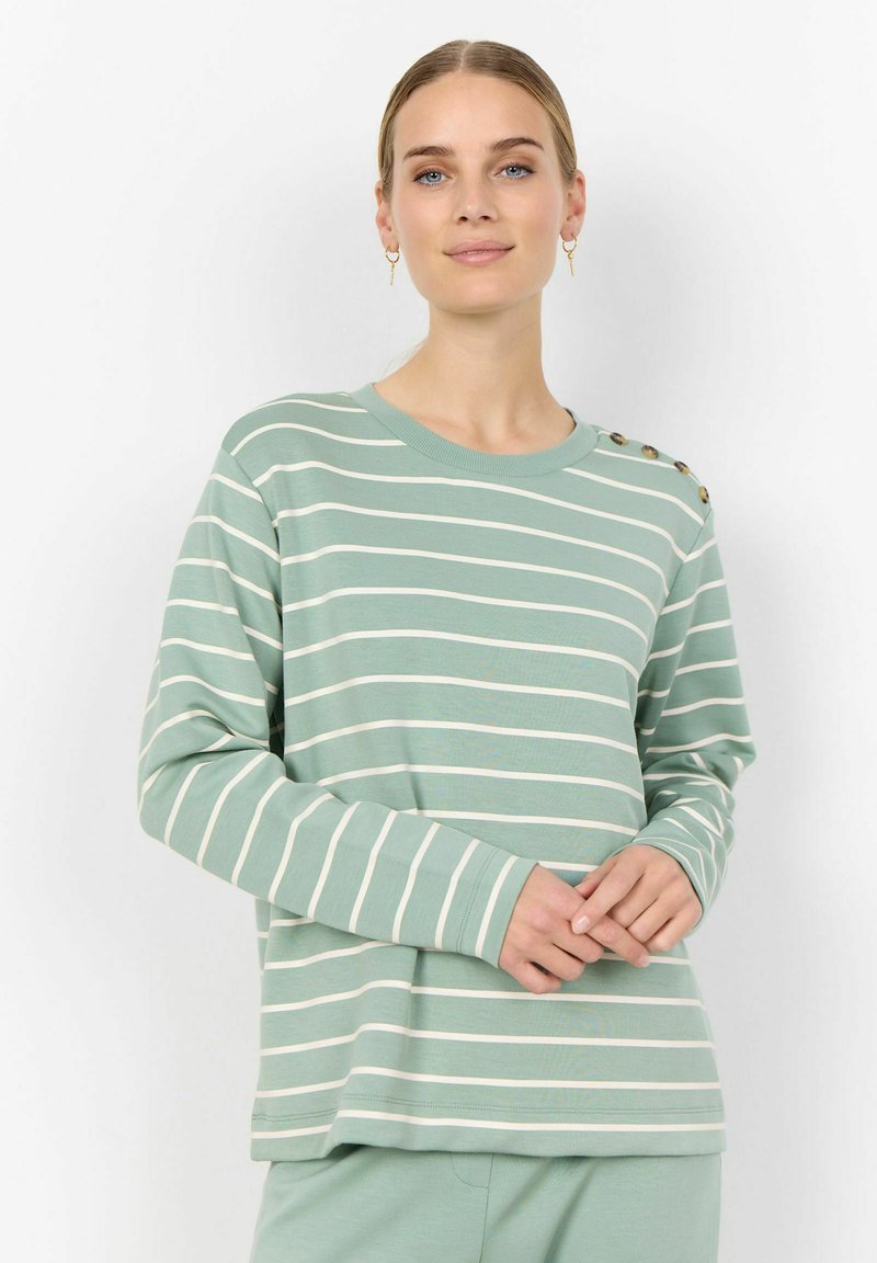 Chemise à manches longues rayée en vert clair avec des rayures blanches horizontales, col rond et accents de boutons décoratifs à l'épaule.
