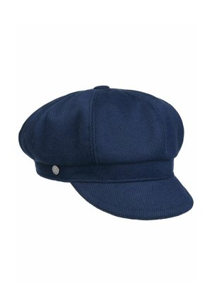 Navy blue textured fabric newsboy cap with a short, stiff brim and a small round button on the side.