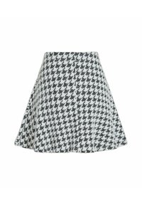 Gonna A-line a motivo houndstooth bianco e nero con silhouette svasata, realizzata in tessuto testurizzato, caratterizzata da un design a vita alta.