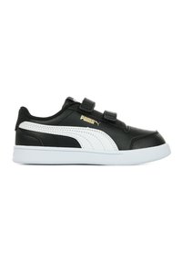 Sneakers per bambini in bianco e nero con tomaia in pelle sintetica, cinturini con chiusura a strappo, suola testurizzata e logo Puma in oro.
