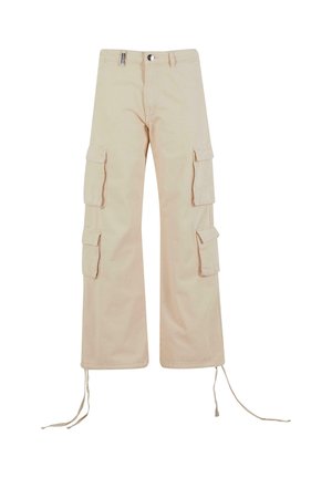 Beige cargo bukser med bred ben-design, flere sidelommer, snor i kanten og en knaplukning. Laget av slitesterkt stoff.