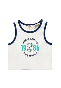 Vit ärmlös bomulls-tanktopp med marinblå detaljer, med en Snoopy-grafik och texten "VÄRLDENS KÄNDA MÄSTARE 1986" i blått och mörkblått.
