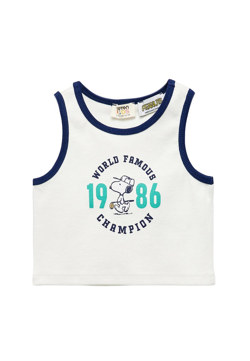 Vit ärmlös bomulls-tanktopp med marinblå detaljer, med en Snoopy-grafik och texten "VÄRLDENS KÄNDA MÄSTARE 1986" i blått och mörkblått.