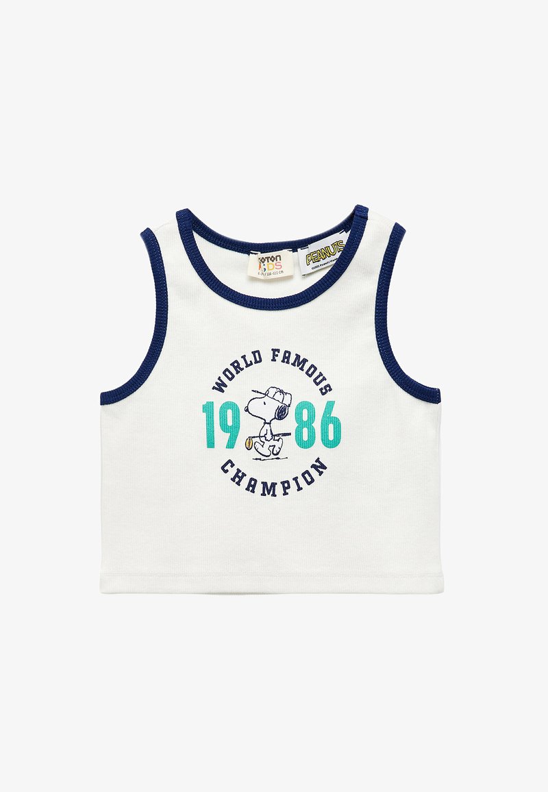 Débardeur en coton blanc sans manches avec une bordure bleu marine, présentant un graphique de Snoopy et le texte "CHAMPION MONDIALEMENT CÉLÈBRE 1986" en bleu et bleu foncé.