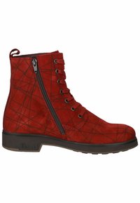 Bottine en suède rouge avec motif géométrique noir, laçage sur le devant et fermeture éclair latérale. Semelle en caoutchouc solide pour une bonne adhérence et durabilité.