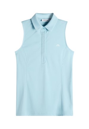 Ärmelloses hellblaues Poloshirt mit Kragen, Knopfleiste und kleinem weißen J.Lindeberg-Logo auf der Brust.