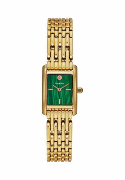 Armbåndsur i gyldent metal med rektangulært urskive med grøn malakitmønster, rosaguldfarvede markører og Tory Burch-logo ved kl. 12.