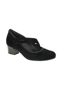 Chaussure Mary Jane en cuir de suède noir avec un petit talon en bloc et une sangle ajustable sur le coup de pied, présentée sur un fond blanc.